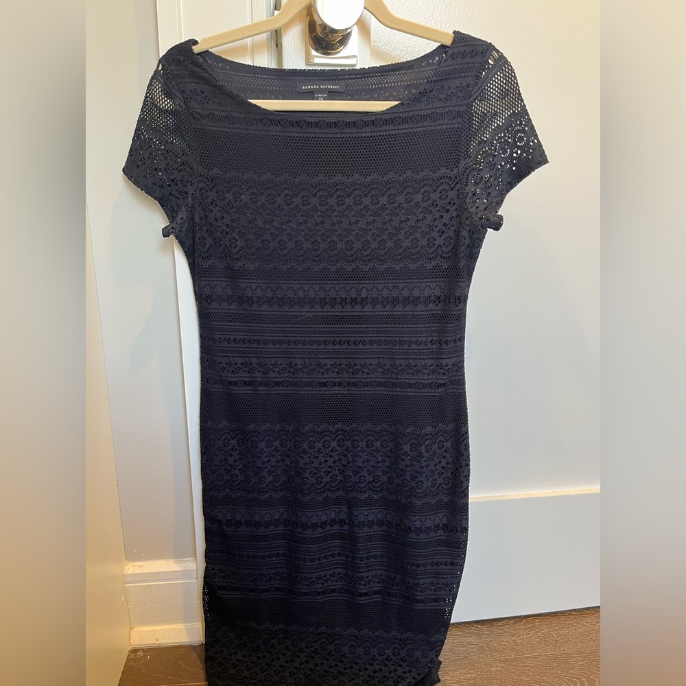 Navy blue Banana Republic stretch dress with lacey overlay. Hits right at knee